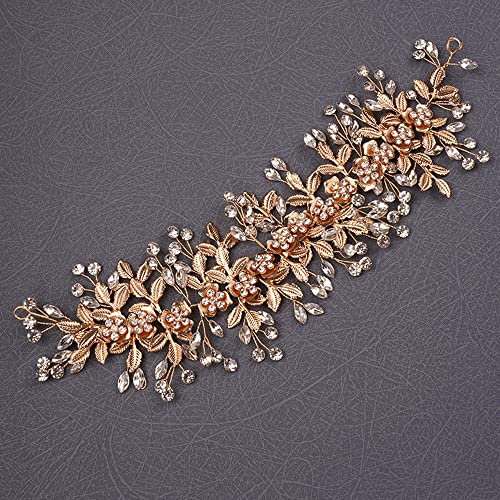 Teyglen Flower Leaf Crystal Handmade Hair Vine Large Rhinestones Headpiece Wedding Hair Accessories for Brides and Women (Gold)