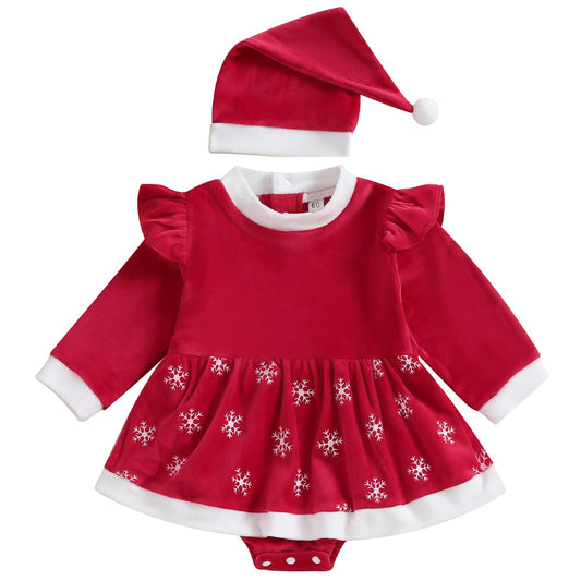 Baby Girls Christmas Dress Velvet Santa Claus Romper Dress Long Sleeve Plush Xmas Princess Party Cosplay Costume Dress (E-Red, 0-3 Months)