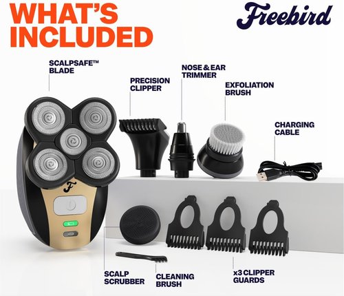 Freebird FlexSeries Electric Head & Body Hair Shaver - Cordless Waterproof Razor with Rotary Blades & Trimmer