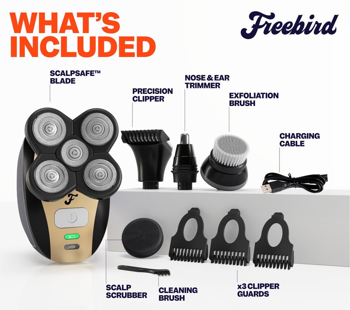 Freebird FlexSeries™ Shaving Kit with Travel Case and Blade - Fast, Smooth, Water-Resistant Electric Head Shaver with 5 Flexible Blades, USB Rechargeable, Ideal for Bald Men and Women