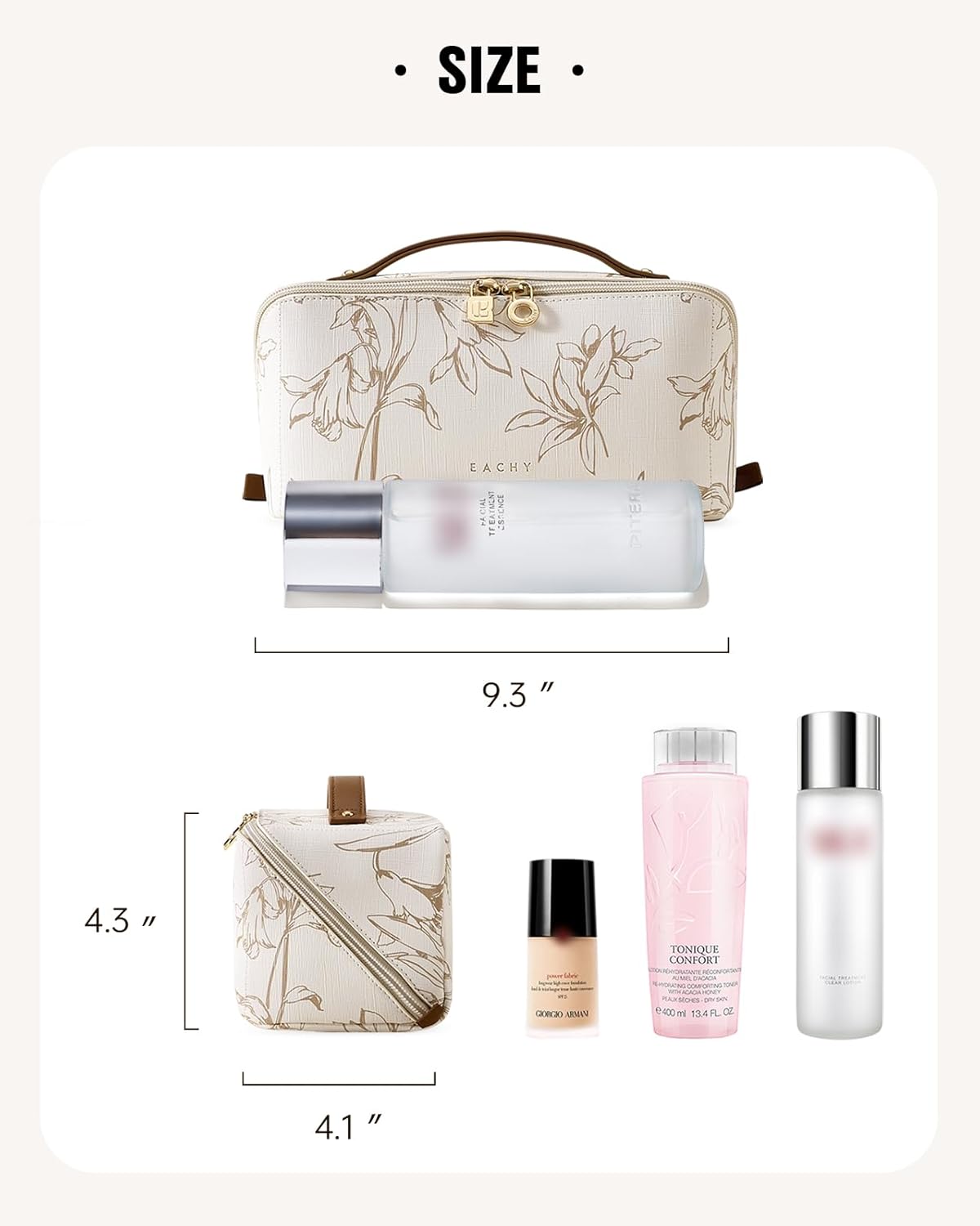 EACHY Travel Makeup Bag - Large Capacity Waterproof Cosmetic Pouch | Open Flat Design (F-Beige)