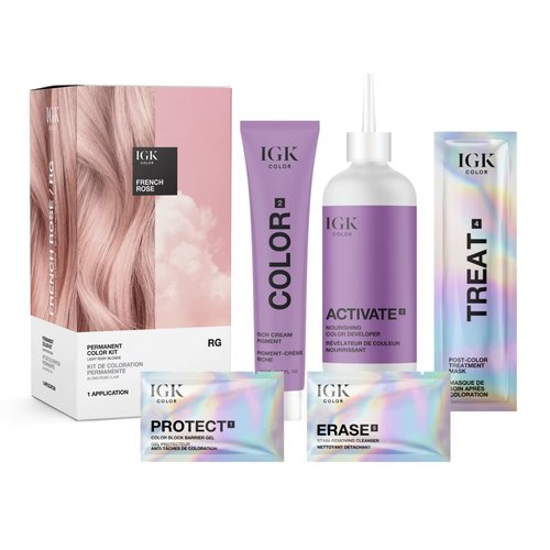 IGK Permanent Hair Dye Color Kit - RG French Rose | Light Rosy Blonde | 100% Gray Coverage, Strength & Shine