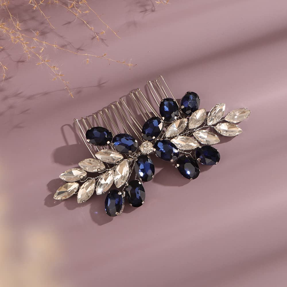 Teyglen Bridal Crystal Hair Comb Full Blue Rhinestone Wedding Hair Comb Hair Accessories Sparkly Crystal Hair Piece Bridal Headpiece for Women Girls(Dark Blue)