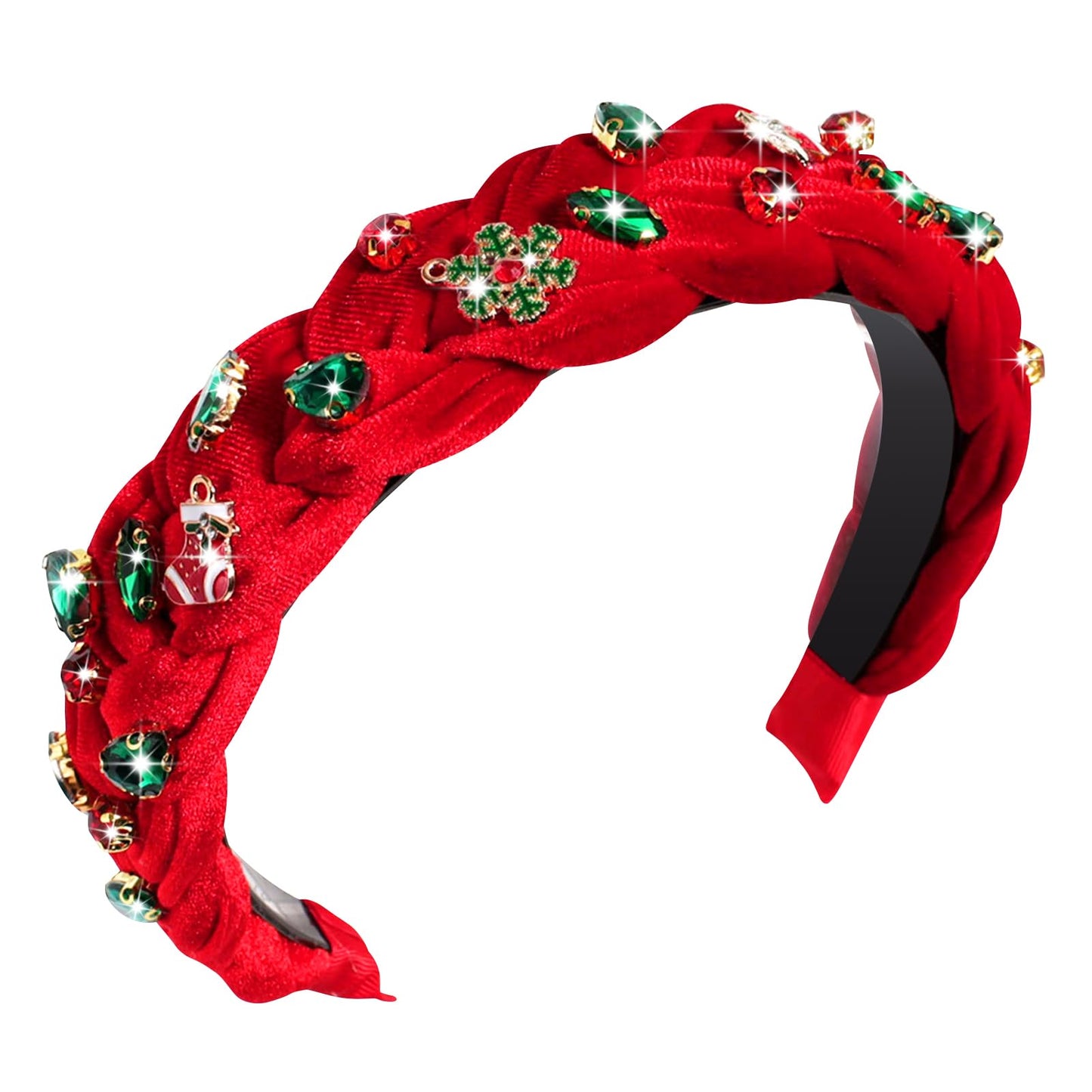 Yoolhamy Christmas Headband for Women Braided Crystal Jeweled Hair Band Xmas Plaid Top Knotted Rhinestone Headbands