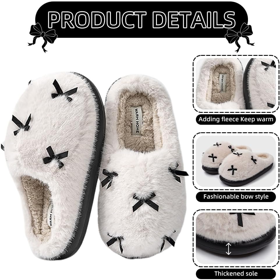 Skiennix Bow Slippers - Cozy Fuzzy Memory Foam House Shoes for Men & Women | Plush Indoor/Outdoor Winter Footwear