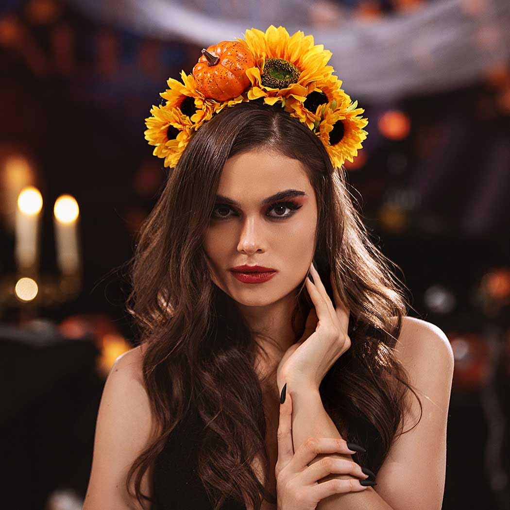 Woeoe Day of The Dead Floral Headband Pumpkin Sunflower Halloween Flower Crown Hairband Festival Costume Party Mexican Floral Headpiece Headdress