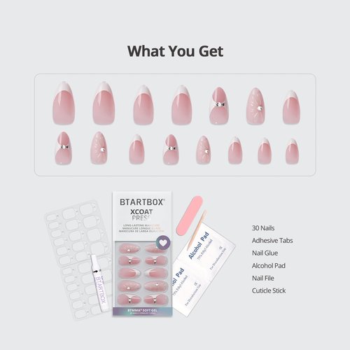 BTArtbox French Tip Press On Nails - Lamp-Curable 3D Medium Almond Press On Nails with Glue for Women, Semi-Transparent Soft Gel Glue On Nails in 15 Sizes - 30 Stick On Nails Kit, Prom Queen