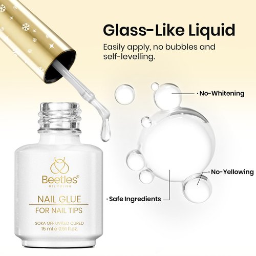 Beetles 2Pcs 15ml Gel Nail Glue, 9 In 1 UV Nail Glue for Acrylic Nail Tips, Super Strong Brush for Base Coat, Gift for Women, UV LED Light Required
