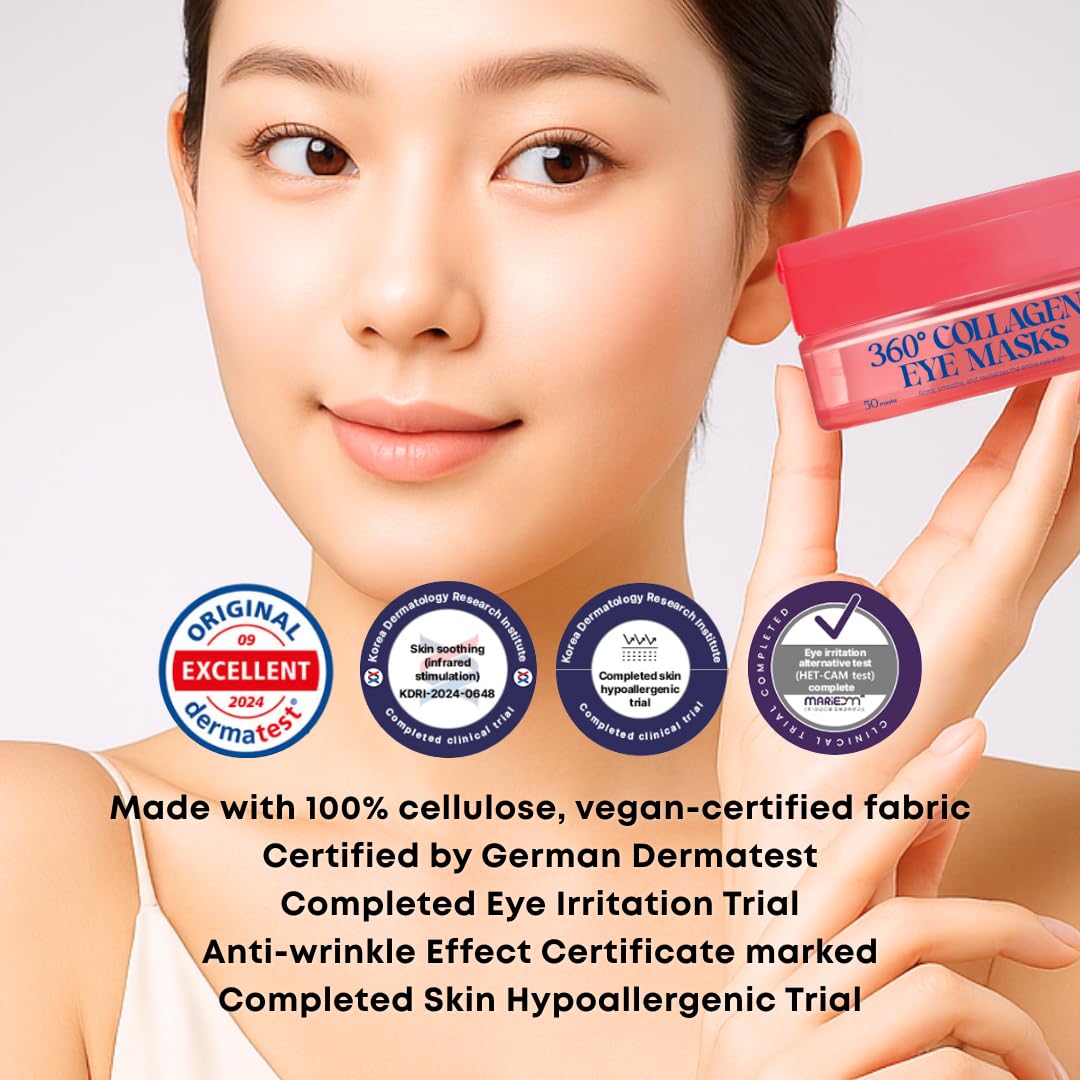 Skiennix 360° Collagen Eye Masks - Korean Under Eye Patches for Fine Lines & Dark Circles, 50 Masks