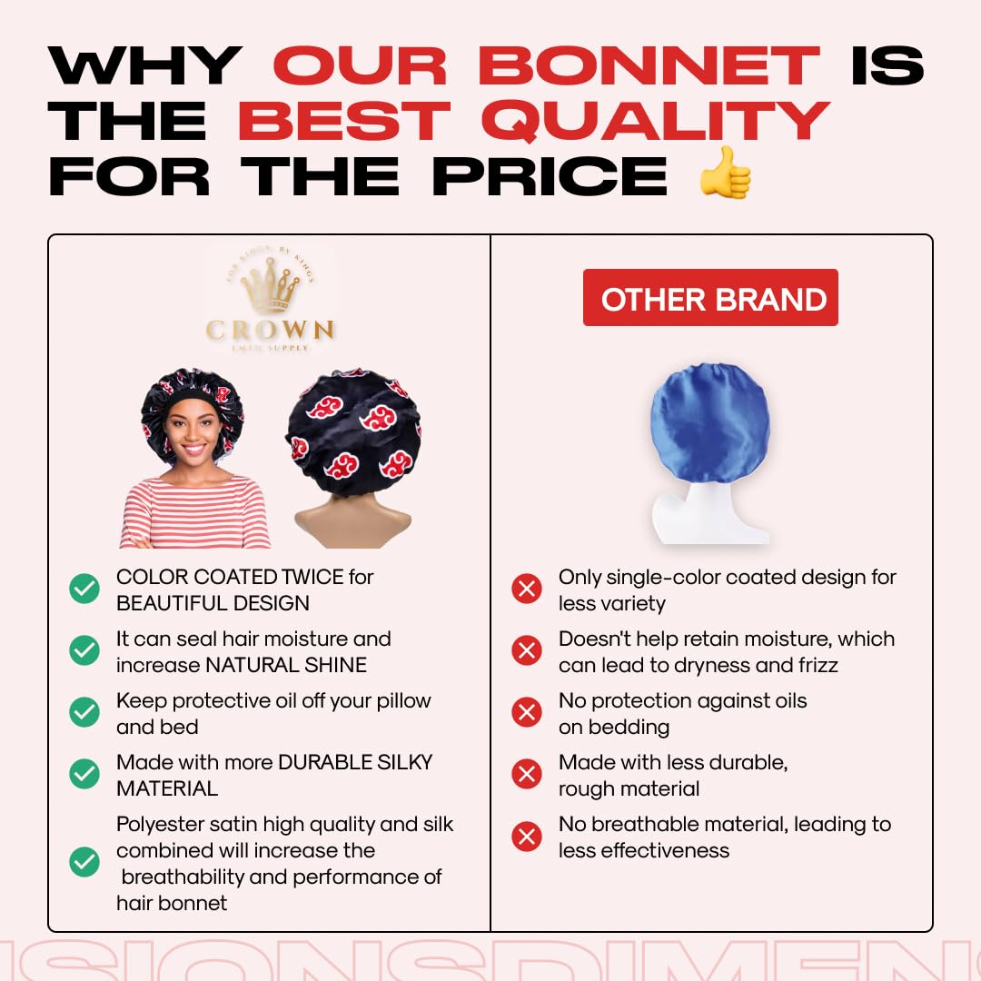 Red Black Cloud Large Bonnet - Silky Design Satin Bonnet with Elastic Soft Band African Head Wrap for Women