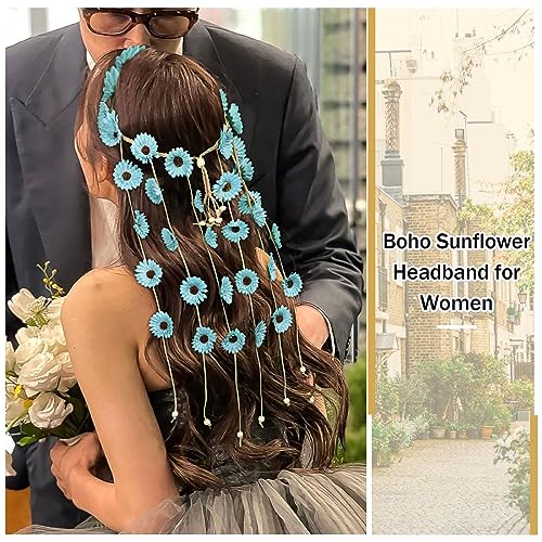 AWAYTR Boho-chic Sunflower Floral Crown Headband - Women's Hair Accessories for Festivals and Hippie Costumes (Blue)