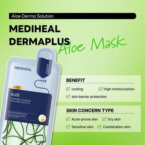 Mediheal Dermaplus Aloe Mask - Daily Vegan Hydrating Sheet Mask with Panthenol & Hyaluron | 10 Counts