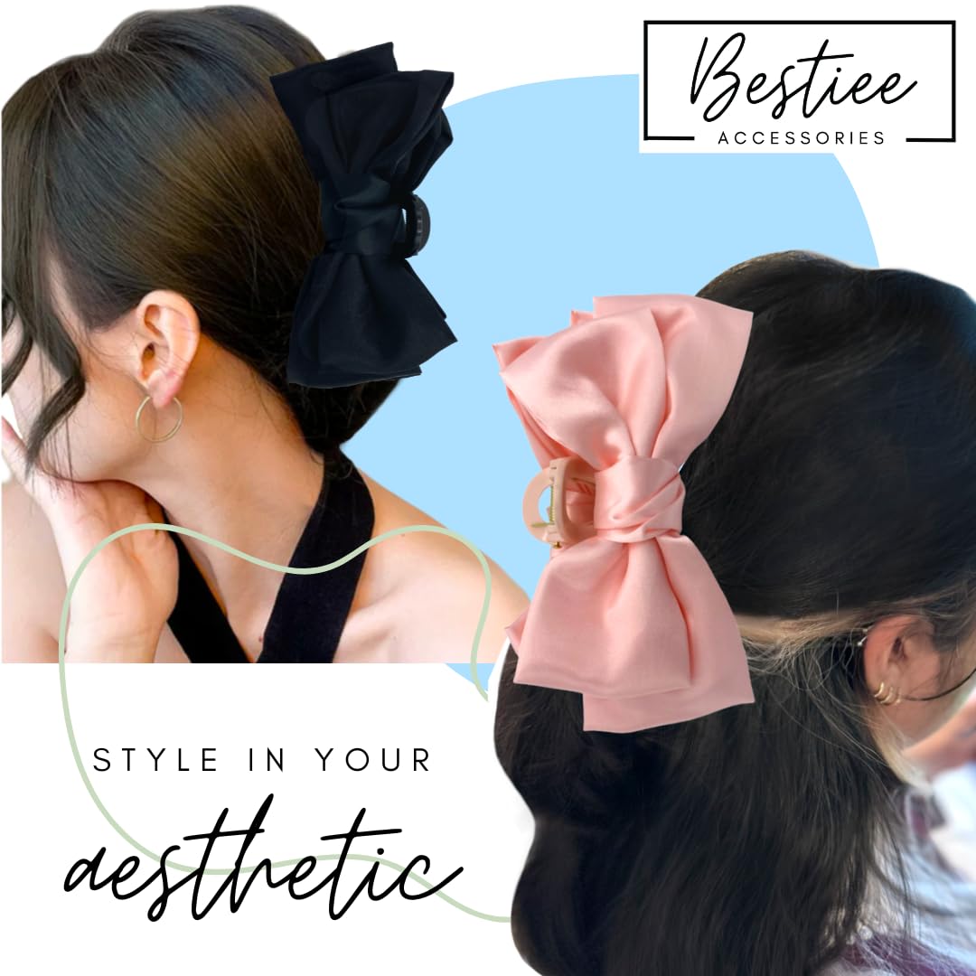 Bestiee Accessories Hair Bow Claw Clip, 2-packs, 5.9 inch, Satin Fabric, Elegant Bow Design for Women and Girls, Strong Hold, Women Gift Ideas, Black, Pink