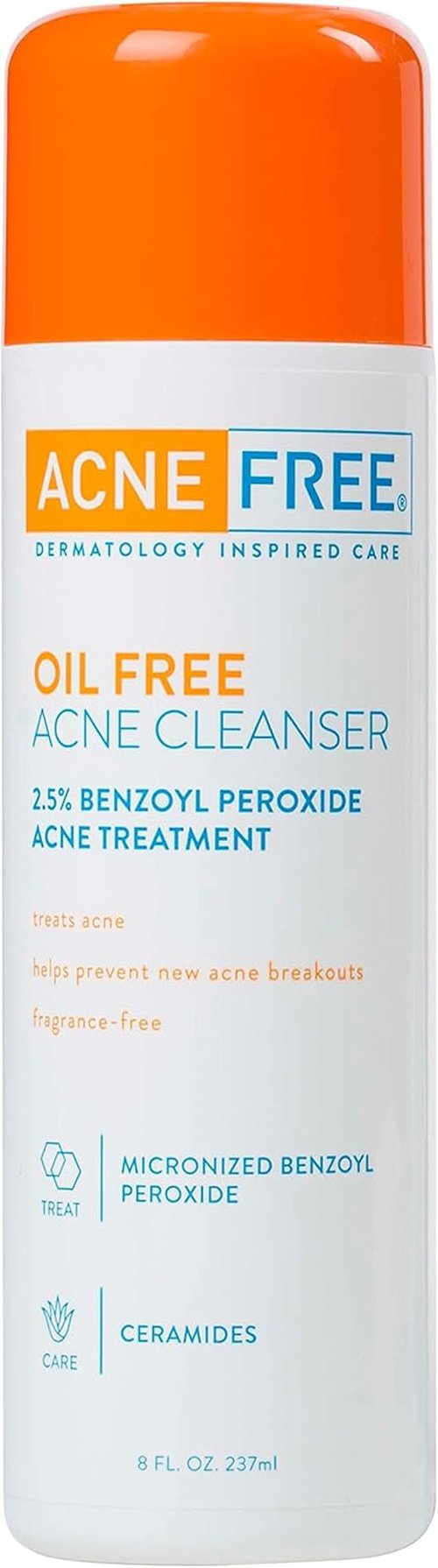 AcneFree Oil-Free Cleanser - Benzoyl Peroxide 2.5% & Glycolic Acid for Breakouts | Unscented, 8 Fl Oz