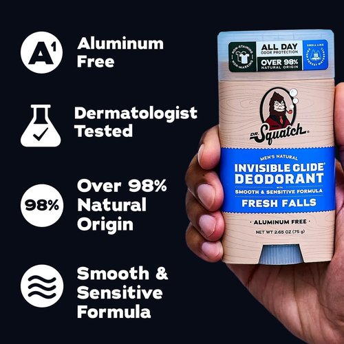 Dr. Squatch Invisible Glide Natural Men’s Deodorant - Smooth, Stain-Free Formula - Aluminum-Free, Sensitive Skin - Fresh Falls & Wood Barrel Bourbon - 2.65oz (2-Pack)