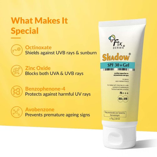 Fixderma Shadow SPF 30+ Gel Sunscreen for Face - Broad Spectrum UVA/UVB Protection | Water-Resistant & Lightweight - 2.64 Oz