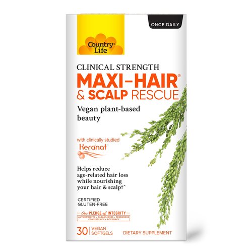 Country Life Maxi-Hair & Scalp Rescue - Clinical Strength Plant-Based Formula, 30 Gluten-Free Softgels