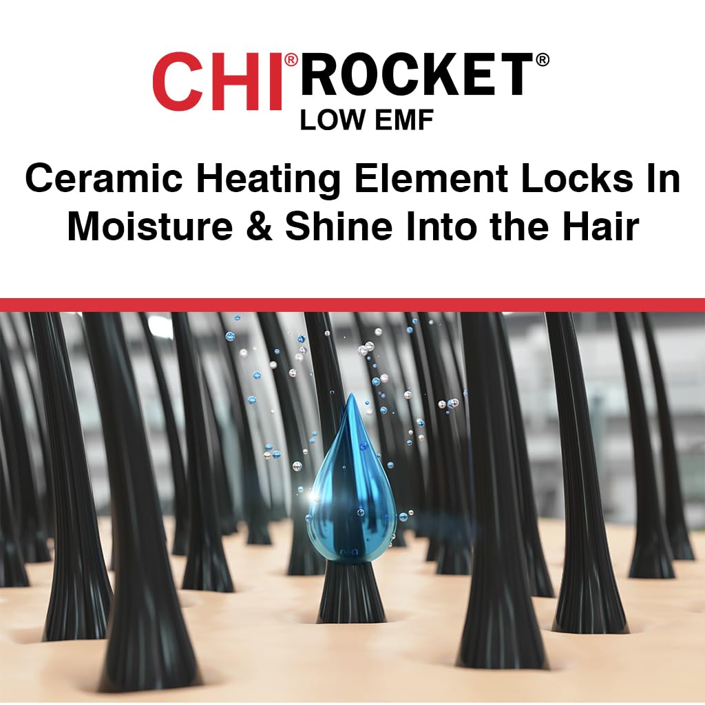 CHI Rocket Hair Dryer - Quick-Drying With Comb & Nozzle Attachment for Shiny, Frizz-Free Hair