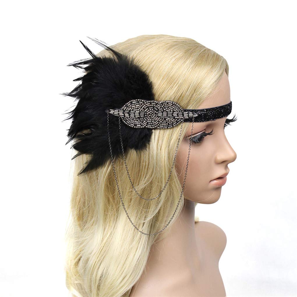 Roaring Art Deco 1920s Headpieces for Women Flapper Headband 20s Gatsby Costume Peacock Hair Accessories 04Qiang Black