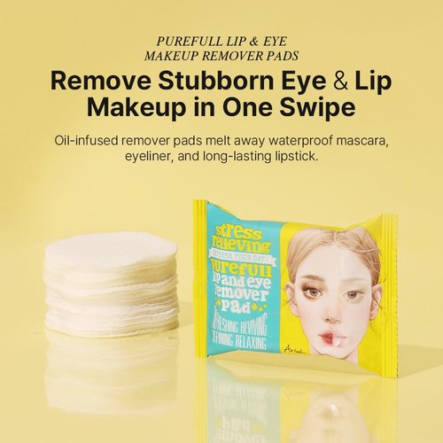 Ariul Purefull Lip & Eye Makeup Remover Pads - Oil-Infused, Gentle Exfoliation, Travel-Friendly (30 Pads x 3 Pack)