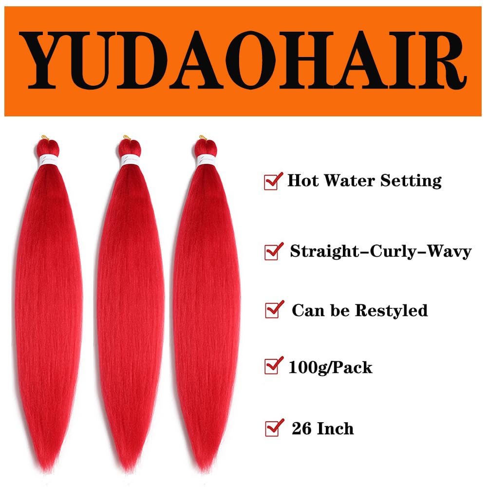 Pre Stretched Braiding Hair 26 Inch Ombre Red Kanekalon Braiding Hair Extensions Hot Water Setting Crochet Box Braids Hair (26 Inch (Pack of 3), Red)