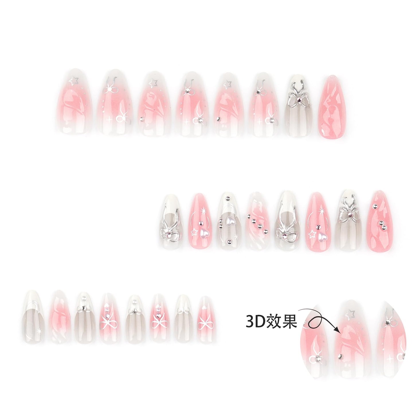 LBPEPAMZ Pink Press on Nails Medium Almond Fake Nails with 3D Silver Bow Bead Pearl Designs White Gradient French Tips Acrylic Nails False Nails Heart Full Cover Glossy Stick on Nails for Women 24Pcs