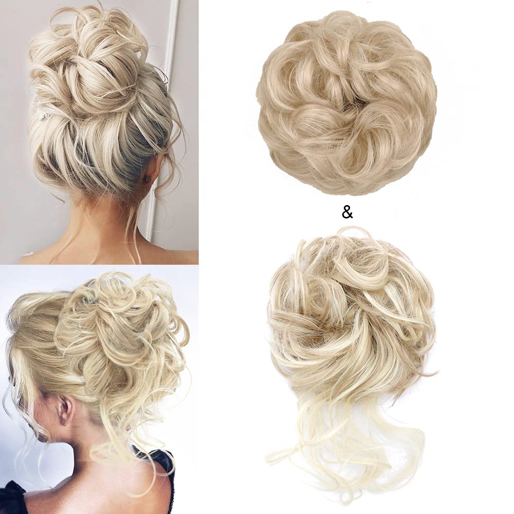 KETHBE Messy Bun Hair Piece Tousled Updo Hair Buns Extension Elastic Hair Band Hair Pieces Curly Hair Bun Scrunchie For Women (2PCS,Pale Golden Blonde Mix Blonde)