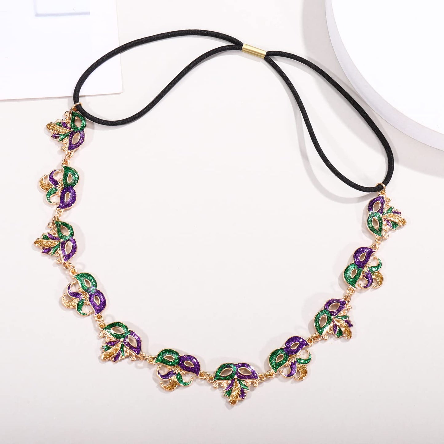 HZEYN Mardi Gras Headband Glitter Crown Mask Fleur De Lis Stretch Headbands Hair Band Party Costume Headwear Hair Accessories (Feather Mask)