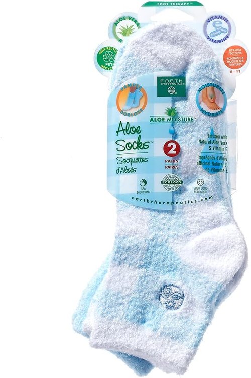 Earth Therapeutics Aloe Vera Socks - Infused with Aloe Vera & Vitamin E for Soft, Smooth Feet - Blue Plaid