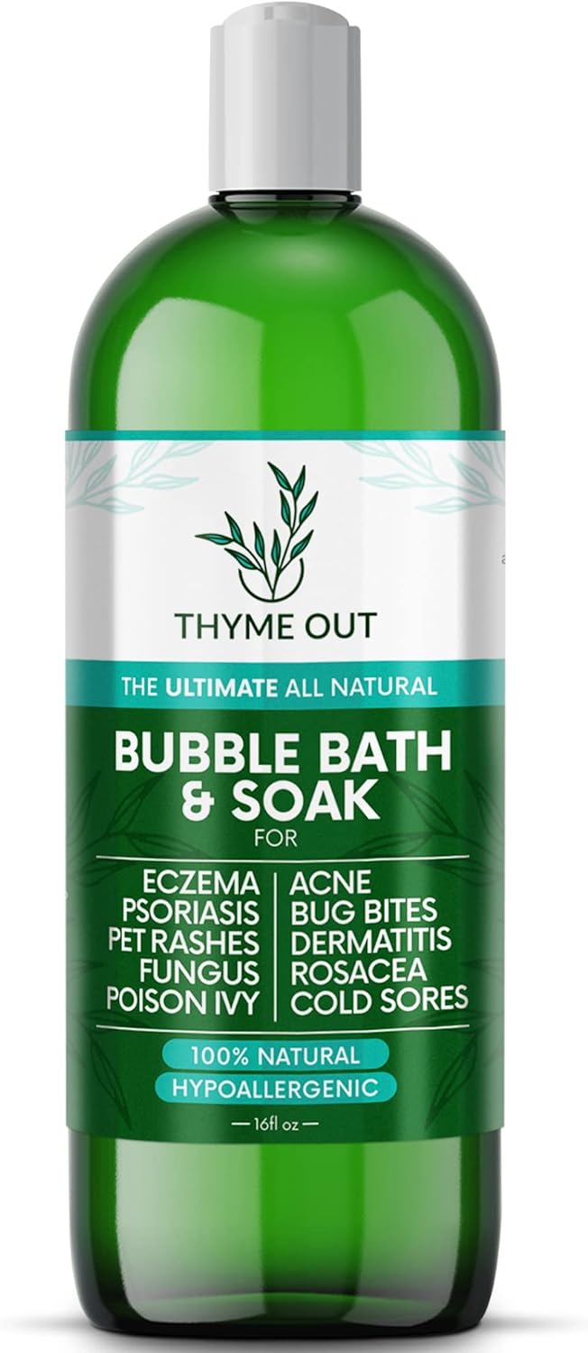 All Natural, Organic Plant Based Bubble Bath - Hypoallergenic Skin-Soothing Thyme Eczema Bath Soak with Colloidal Oatmeal - Sensitive Skin Bubble Bath for Kids & Adults - 16oz