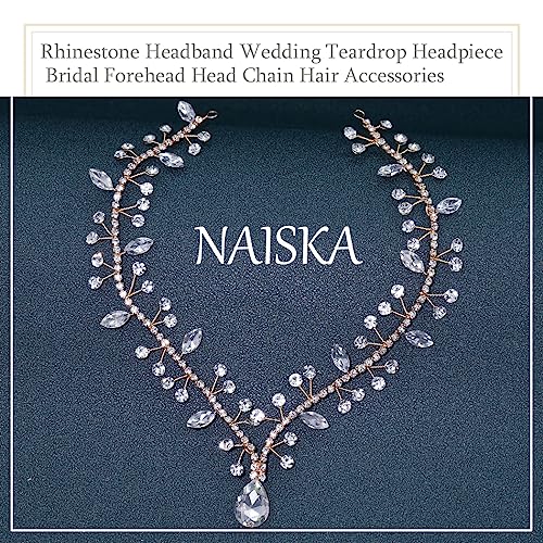 NAISKA Gold Crystal Head Chain Wedding Teardrop Headpiece Bridal Headband Forehead Hair Chain Rhinestone Headpieces Jewelry Prom Costume Hair Accessories for Women and Girls