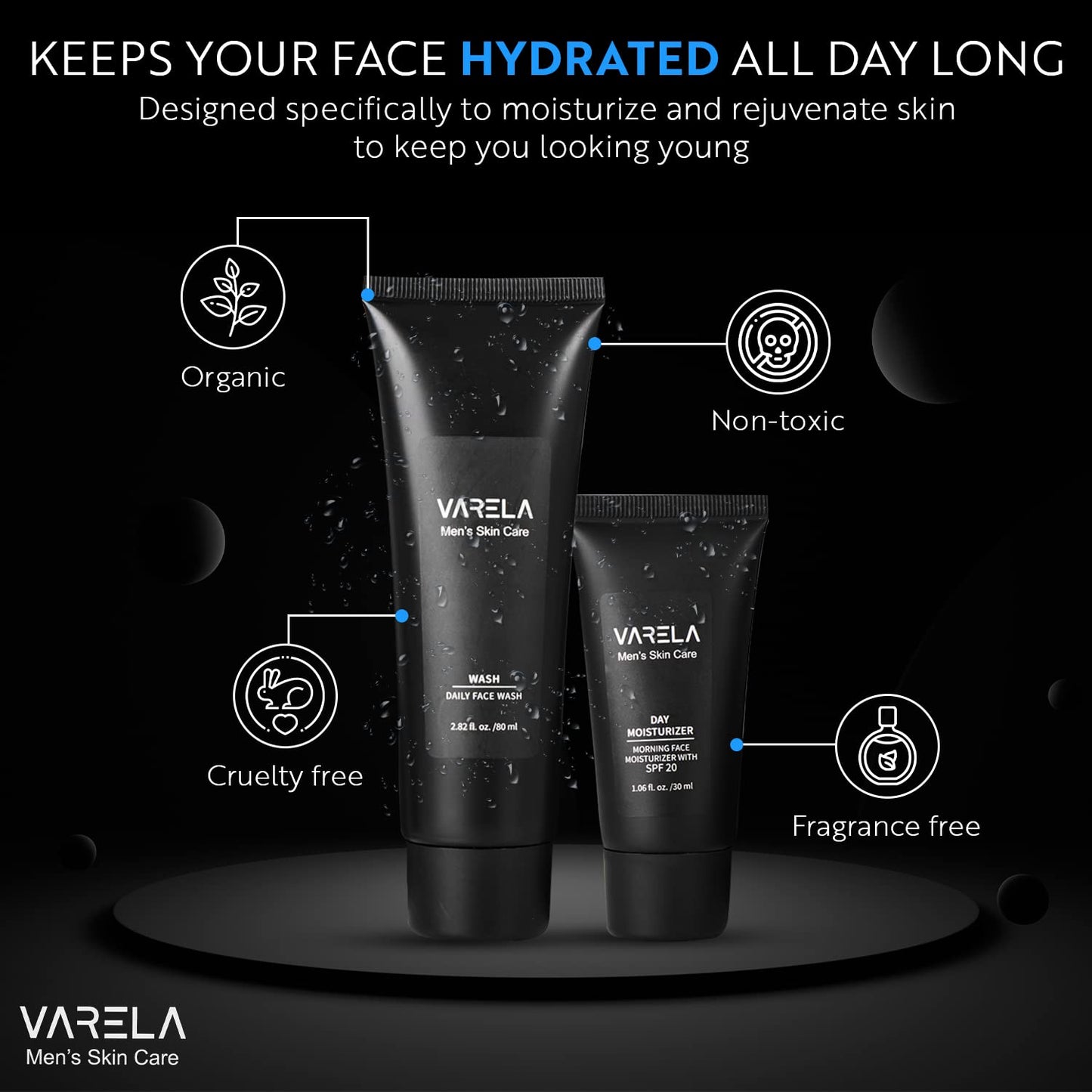 VARELA - Premium Men's 4pc Skin Care Set | Men's Face Scrub | Men's Morning Moisturizer with SPF20 and Men's Evening Moisturizer | Men's Face Cleanser | 1 Month Supply