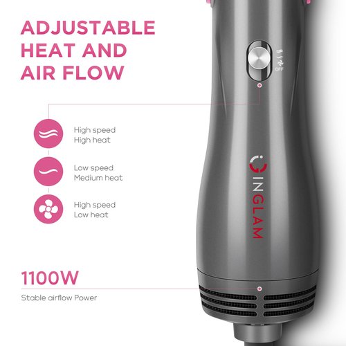 IG INGLAM 4 in 1 Hot Air Brush, Negative Ion Detachable Hair Styler & Volumizer with 2 Brush Heads, Updated Push Switch, Gray