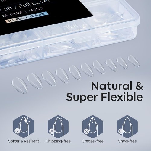 Modelones Almond Fake Nail Tips -510Pcs Medium Soft Gel Nail Tips Almond Shape Pre Etched Half Matte Full Cover Clear Acrylic Gel Kit False Press on for Extension Manicure Salon DIY at Home 15 Sizes