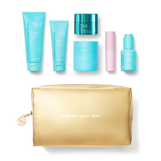 TULA Skincare Moisture Kit - 7-Piece Set with Cleanser, Scrub, Serum & Moisturizers for Radiant Skin
