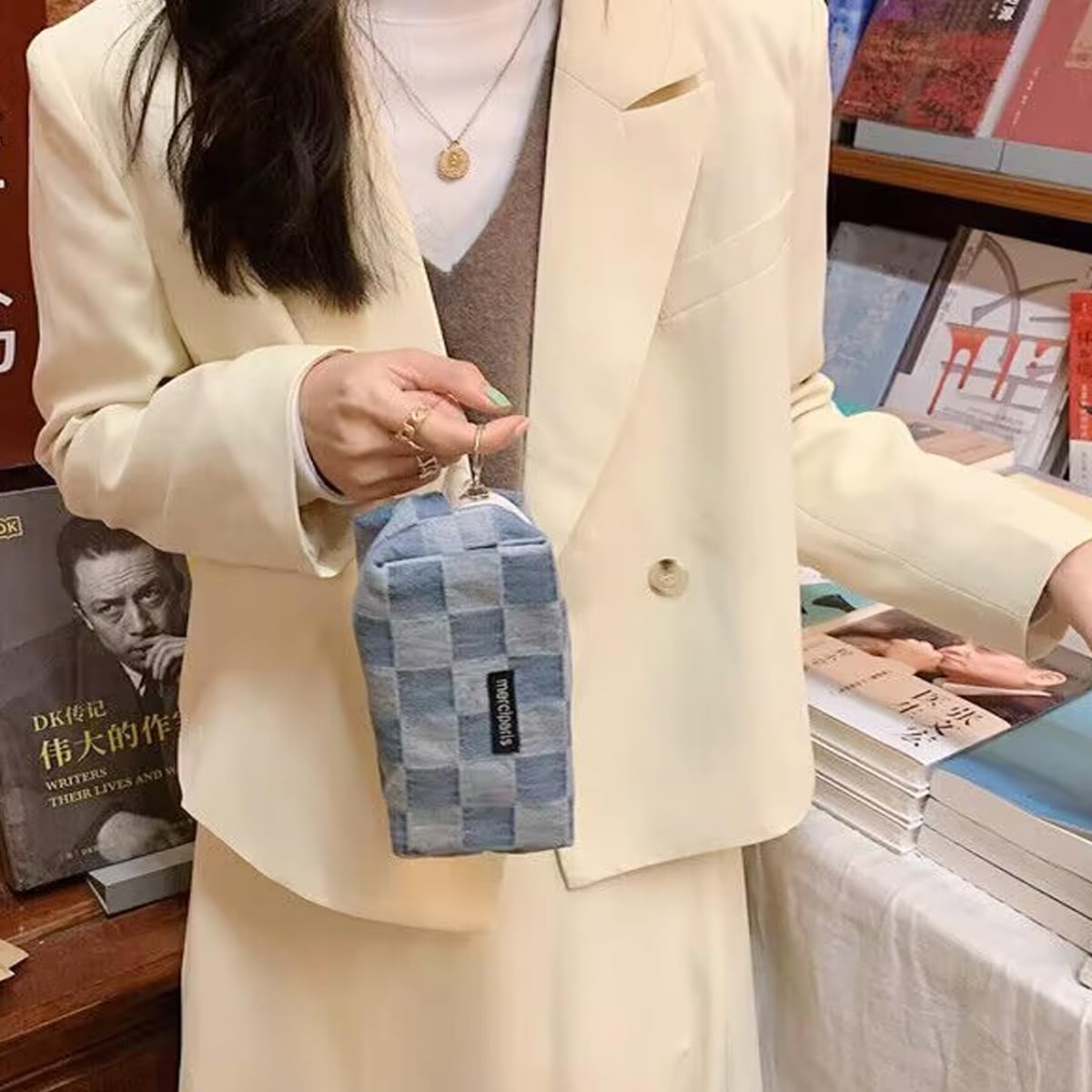 Cosmetic Bags for Women Makeup Bag Large Capacity Purse Travel Toiletry Zipper Storage Pouch Make up Brushes Organizer for Gifts (Checkered, Denim Blue)