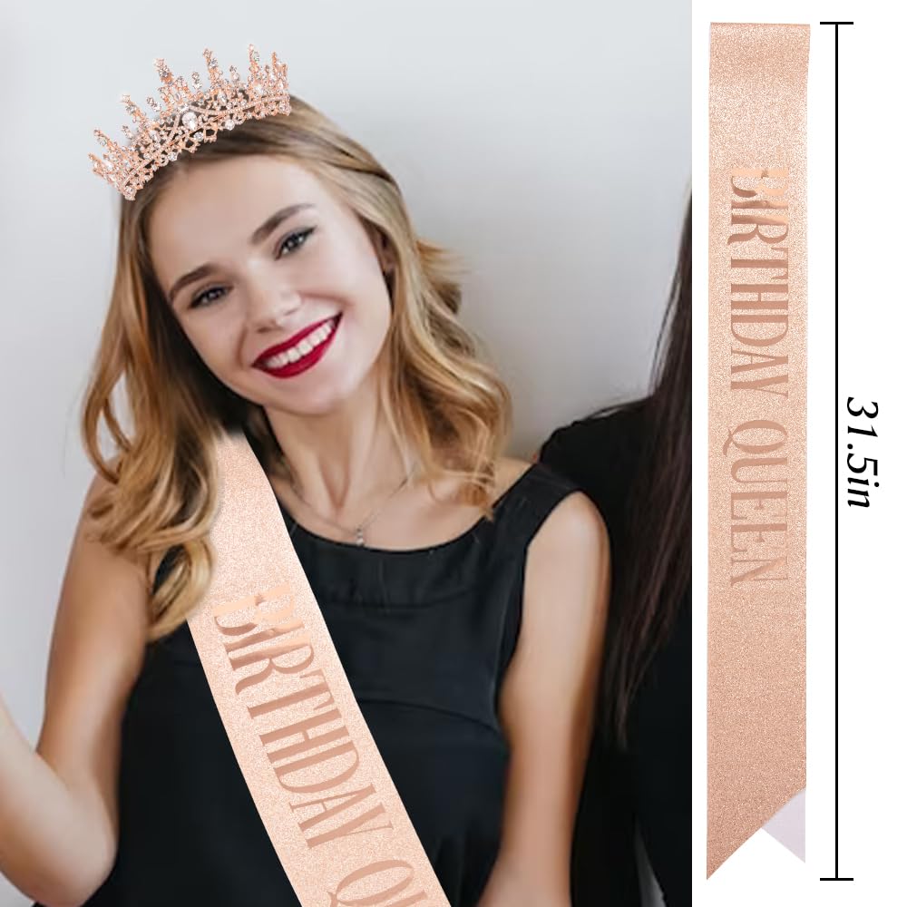 Bolonar Rose Gold Crystal Birthday Crown for Women Birthday Queen Tiara with Combs Glitter Birthday Sash Happy Birthday Party Decorations Birthday Gifts