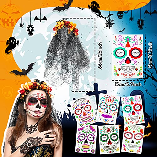 Day of The Dead Headband Halloween Mexican Veil Spider Headband with Halloween Face Tattoo Temporary Face Sticker (Bright Style)