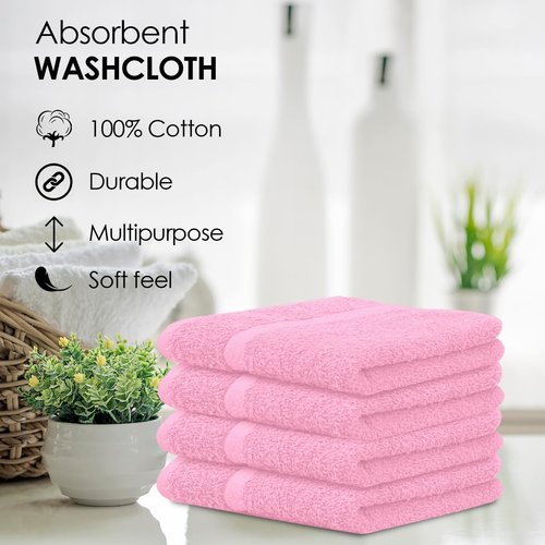 Avalon Towels Cotton Washcloths – (Pack of 36) Size 12x12 Inches, 100% Ring Spun Cotton, Soft & Absorbent Face Towels, Gym Towels, Hotel and Spa Quality, Reusable Fingertip Towels (Pink)