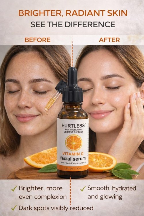 HURTLESS Vitamin C Face Serum - Brightening & Hydrating Formula with Hyaluronic Acid | 30 ml / 1.01 fl oz