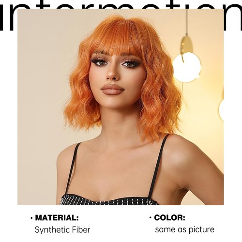 Allbell Ginger Orange Wigs for Women, Short Wavy Bob Wig,Bob Wig with Bangs,Synthetic Short Curly Wave Wigs, Costume Wig,Pastel Wig, Fiber Hair Wigs for Cosplay