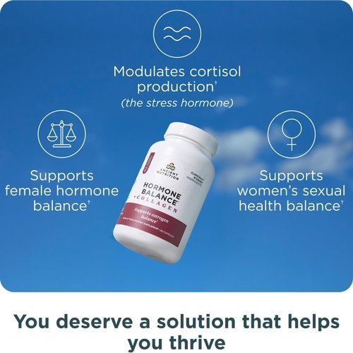 Ancient Nutrition Hormone Balance Supplement - Hydrolyzed Collagen Peptides for Energy & Hormonal Support | 60 Capsules
