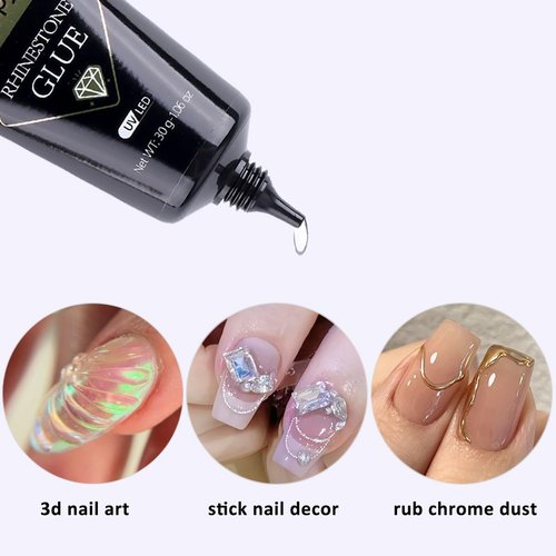 Fcozpjk 30ML Rhinestone Glue for Nails, 3D Nail Charms Gel Nail Glues Super Strong Bling Gel, Stick Nails Gems Jewel Caviar Beads Diamond Glue for Nails Professional Manicure Accessories