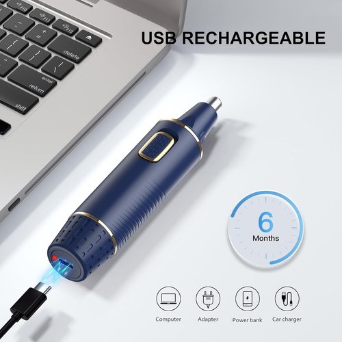 Nose Hair Trimmers for Men，Rechargeable Hair Trimmer 2 in 1 Painless Multifunctional Ear and Nose Hair Trimmer with IPX7 Waterproof Dual Edge Blades (Blue)