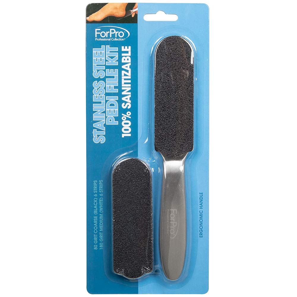 ForPro Professional Collection Stainless Steel Pedi File Kit - 100% Sanitizable Pedicure Tool | 12 Refill Strips, 8.5" L