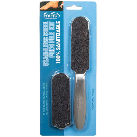 ForPro Professional Collection Stainless Steel Pedi File Kit - 100% Sanitizable Pedicure Tool | 12 Refill Strips, 8.5" L