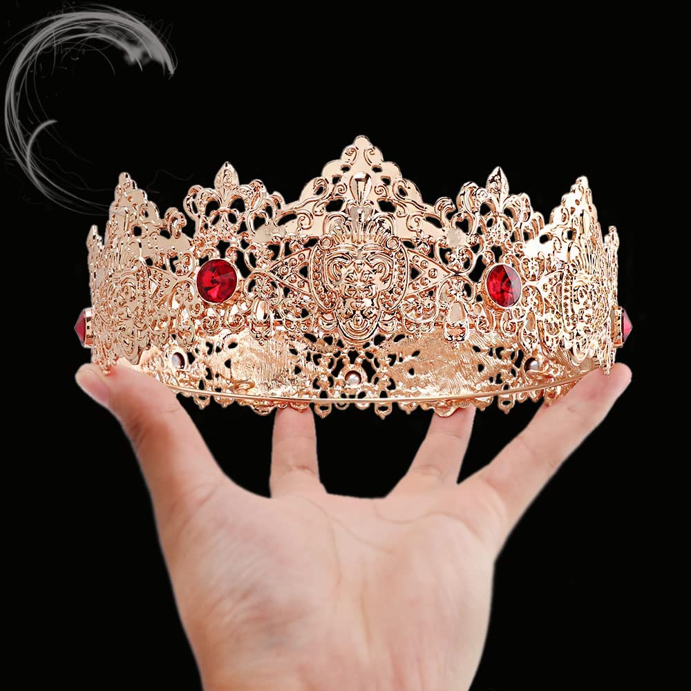 King Men Tiara Crown Imperial Medieval Headband Crystal Pageant Costumes For Birthday Party Prom Halloween Hair Accessories (Gold With Red Stone)