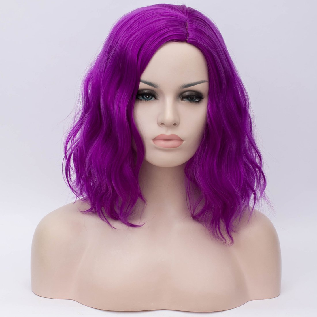 BUFASHION 14" Women Short Dark Purple Kinky Straight Cosplay Synthetic Wigs With Air Bangs 46 Colors Available (Dark Purple 2)