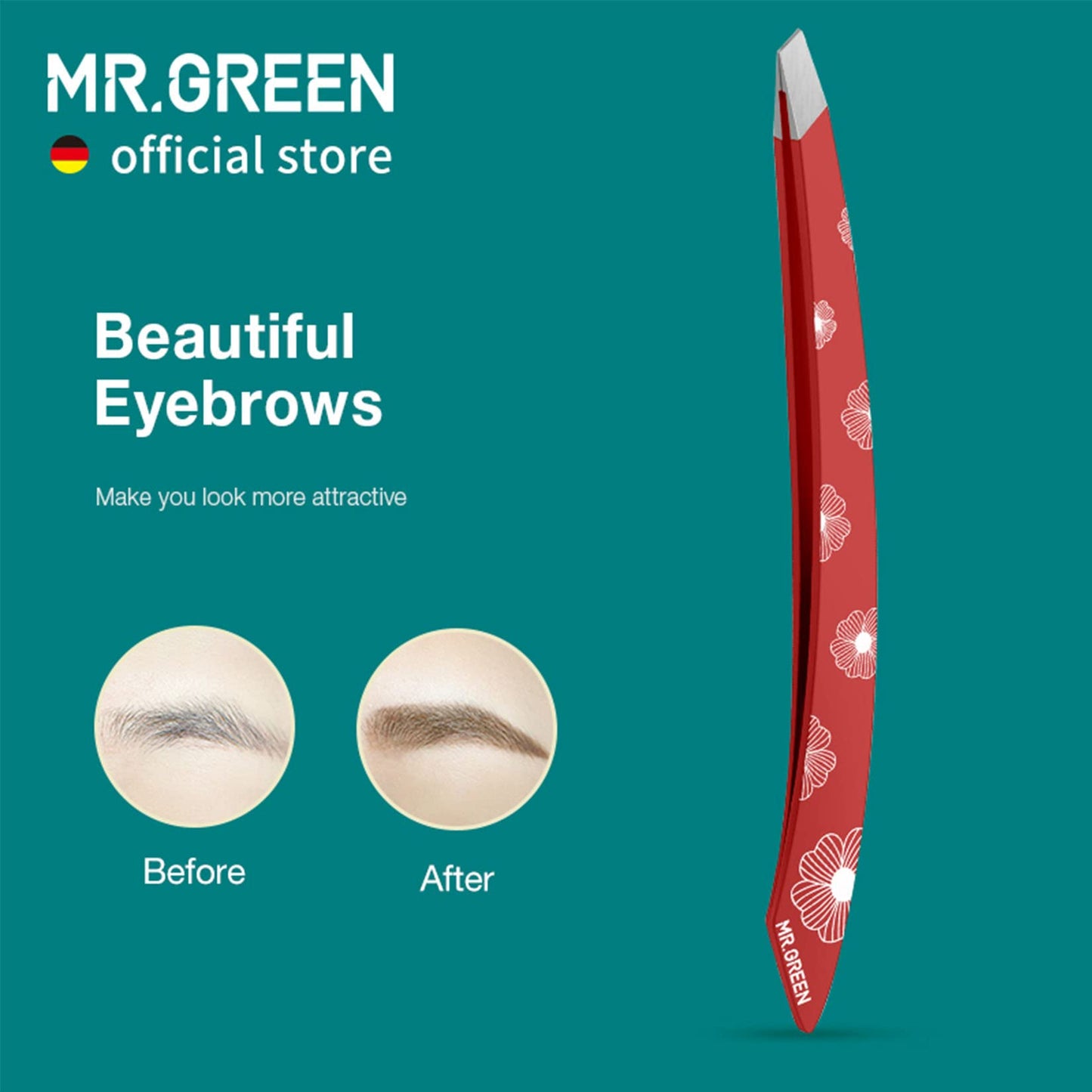 MR.GREEN Curve Handle Eyebrows Tweezers Professional Fine Hairs Removal Puller Makeup Tools Stainless Steel Beauty Clips Removal (Red)