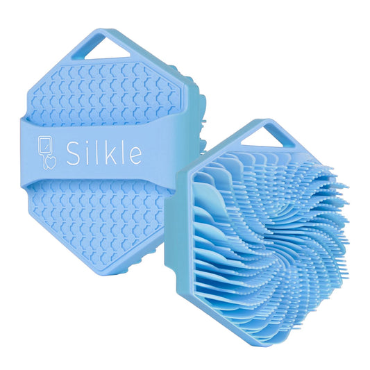 SILKLE Silicone Body Scrubber - Exfoliating Bath Brush and Skin Cleanser - Shower Sponge for Gentle Body Scrub and Wash - Silicone Scrubbing Care Tool for a Refreshed and Renewed You - Blue
